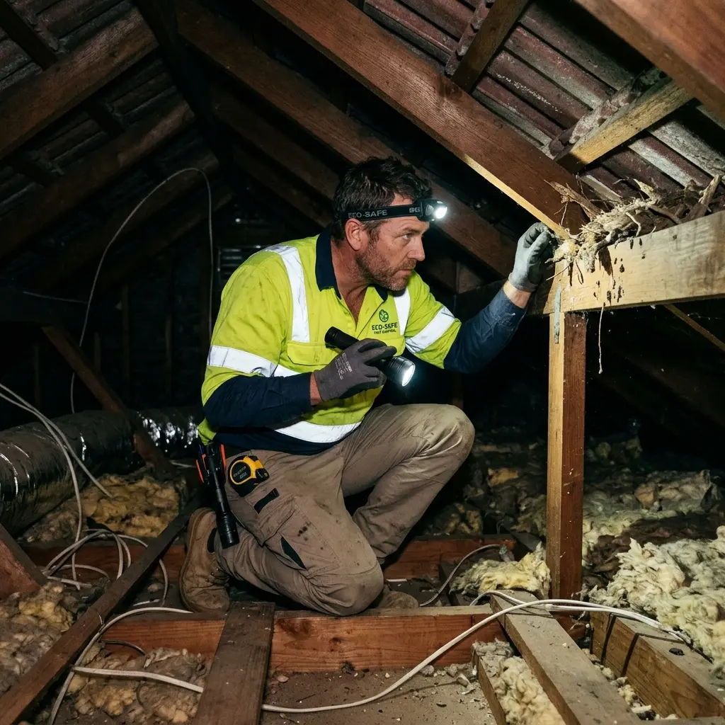 Technician inspecting a roof cavity for a dead animal in Bellbrae